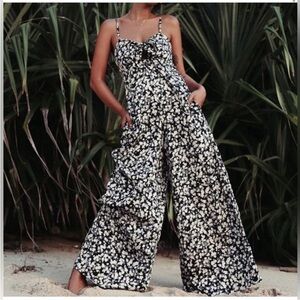 Billabong Twist n Shout Floral Wide Leg Jumpsuit in Blue Stream XS